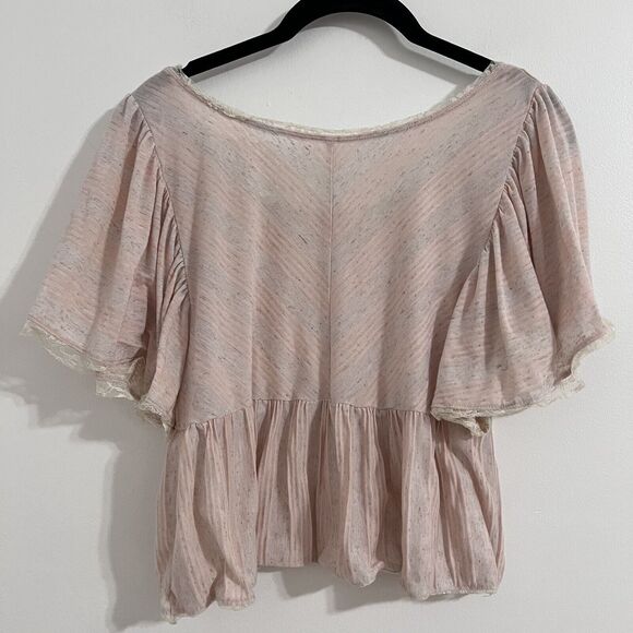 Free People Pastel Pink Babydoll Cropped Top Size XS Flutter Sleeve Striped - Picture 4 of 6
